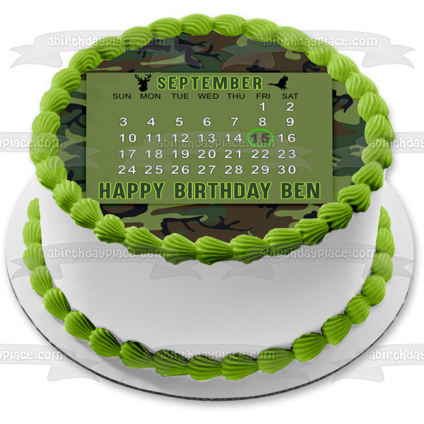 Imagen de decoración comestible para tarta con calendario de camuflaje personalizable ABPID57788