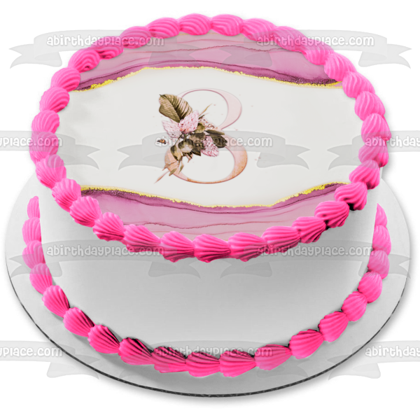 Pink & Gold Marble Floral Monogram Edible Cake Topper Image ABPID57790