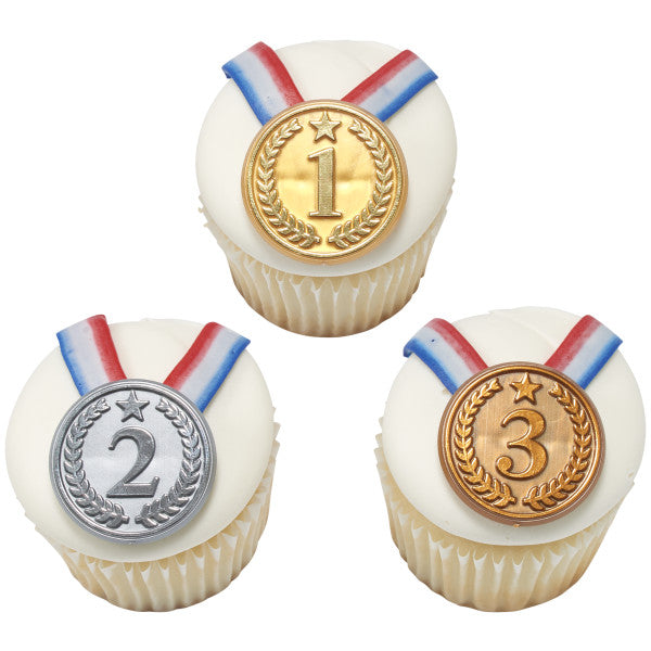 Gold, Silver, and Bronze Medal Foil Cupcake Rings. 12ct