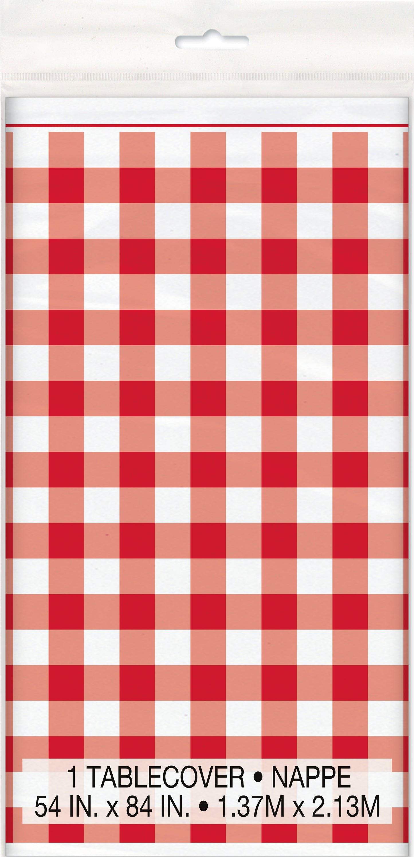 Red Gingham with White Stripe Rectangular Plastic Table Cover, 54" x 84", 1ct