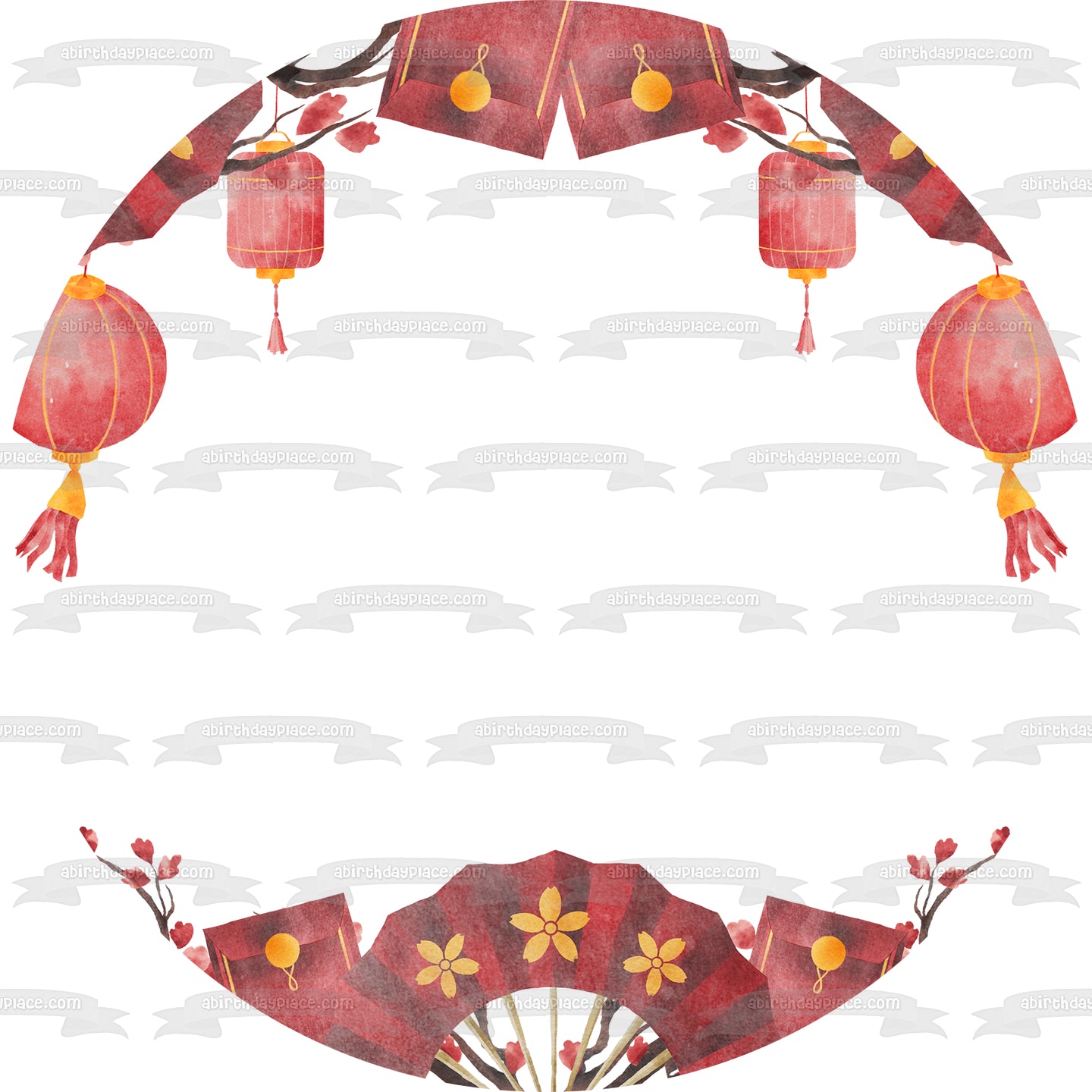 Chinese New Year Fans, Envelopes, and Lanterns Edible Cake Topper Image ABPID57774