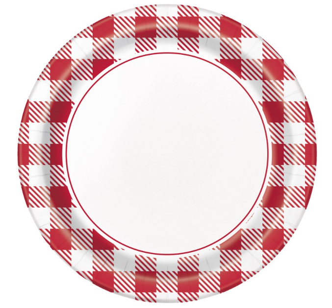 Red Gingham Border Round 9" Dinner Plates, 8ct