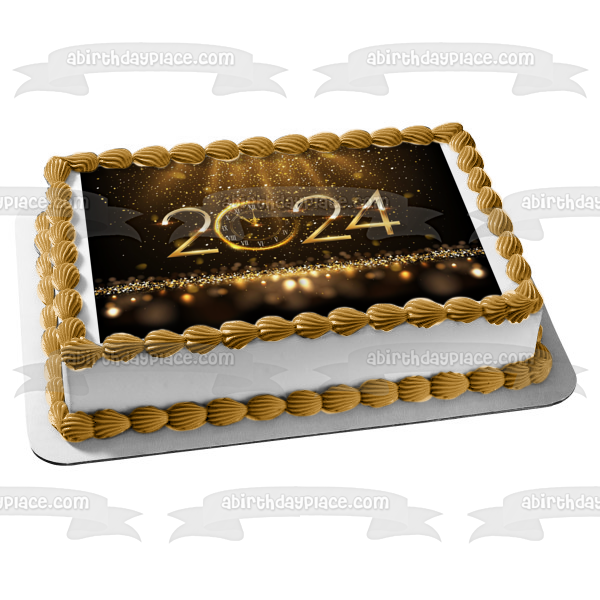 Feliz año nuevo 2024 Confeti de reloj dorado Adorno comestible para tarta Imagen ABPID57743