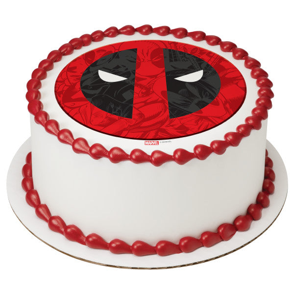Imagen comestible para decoración de tarta con el icono de Deadpool de Marvel