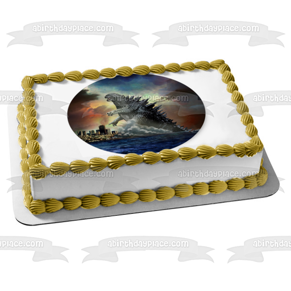 Godzilla de pie sobre los edificios de la ciudad, cielo oscuro, lago, decoración comestible para tarta, imagen ABPID27301