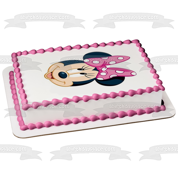 Minnie Mouse Face Pink Bow Edible Cake Topper Image ABPID50419