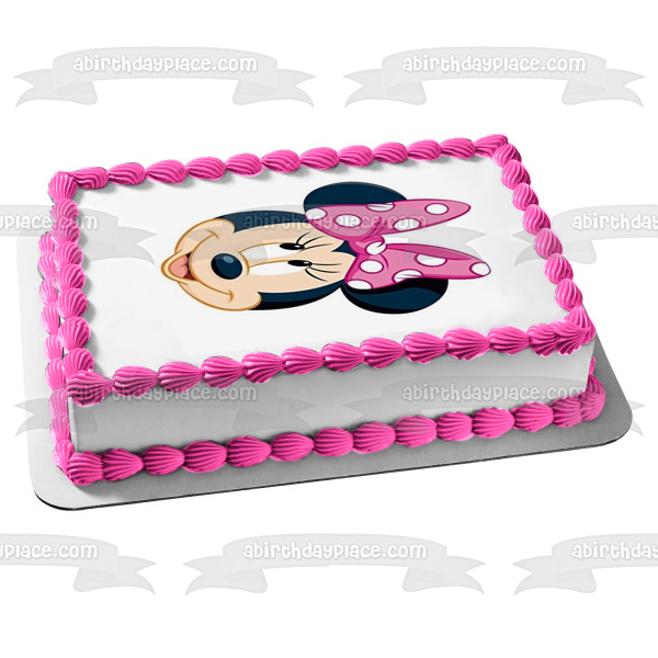 Minnie Mouse Face Pink Bow Edible Cake Topper Image ABPID50419