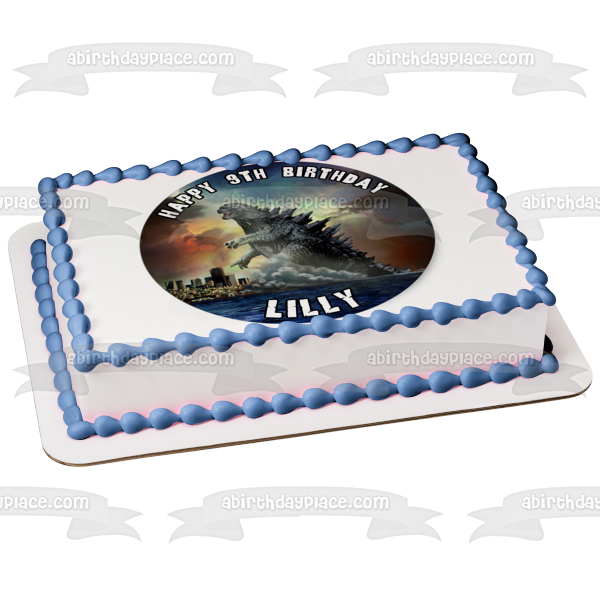 Godzilla de pie sobre los edificios de la ciudad, cielo oscuro, lago, decoración comestible para tarta, imagen ABPID27301