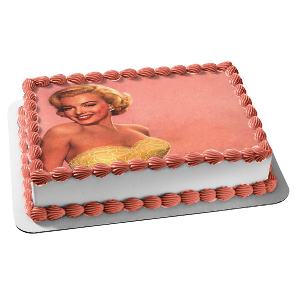 Marilyn Monroe Wearing a Gold Dress with a Pink Background Edible Cake Topper Image ABPID04988 Marilyn Monroe Wearing a Gold Dress with a Pink Background Edible Cake Topper Image ABPID04988