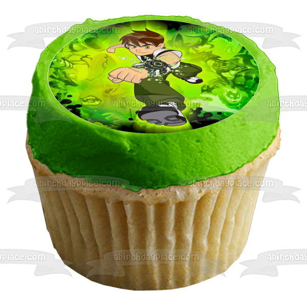 Ben 10 Green Background Edible Cupcake Topper Images ABPID14783