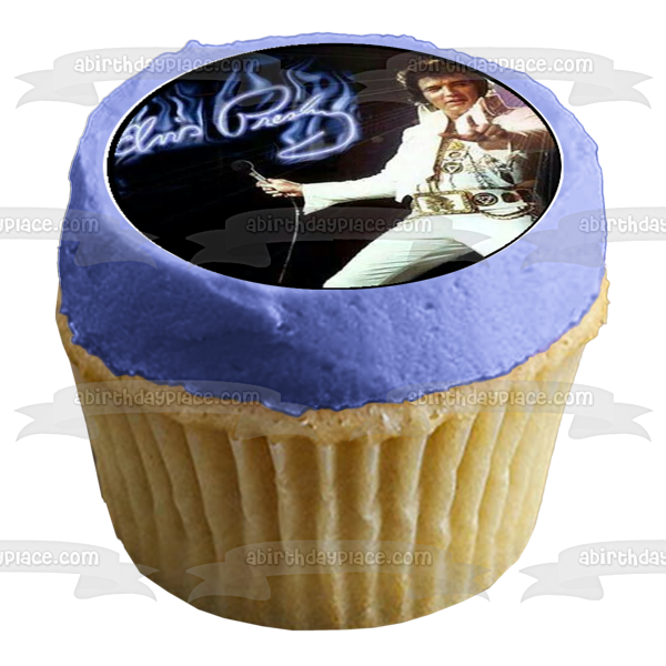 Elvis Presley the King Microphone Music with a Black Background Edible Cupcake Topper Images ABPID01759