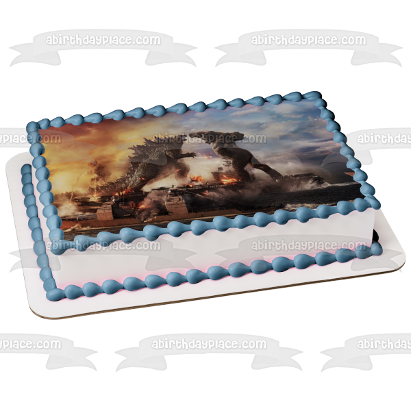 Godzilla Vs. Kong Movie Poster Fight Scene Monsters Edible Cake Topper Image ABPID53708