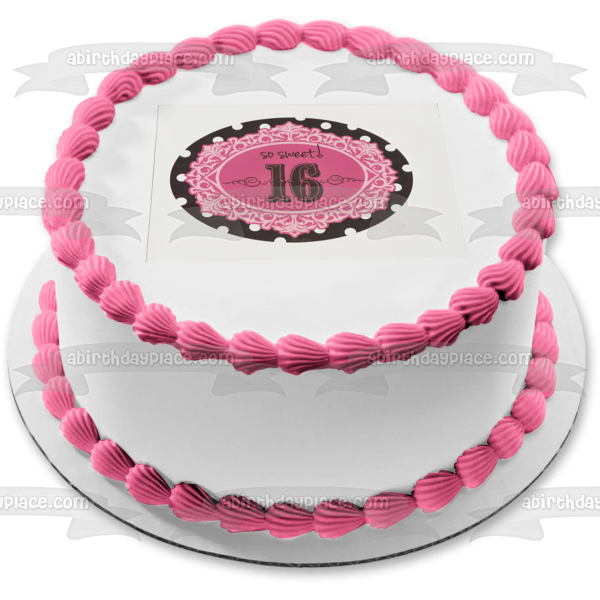 Sweet 16 Birthday so Sweet Pink Black and White Polka Dots Edible Cake Topper Image ABPID07270