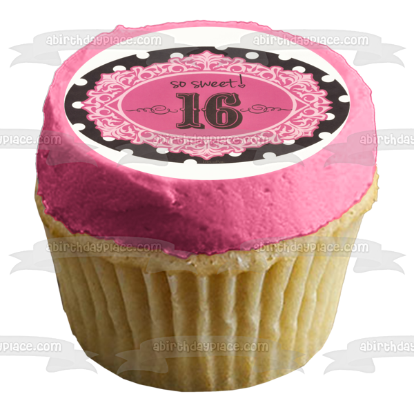 Sweet 16 Birthday so Sweet Pink Black and White Polka Dots Edible Cake Topper Image ABPID07270