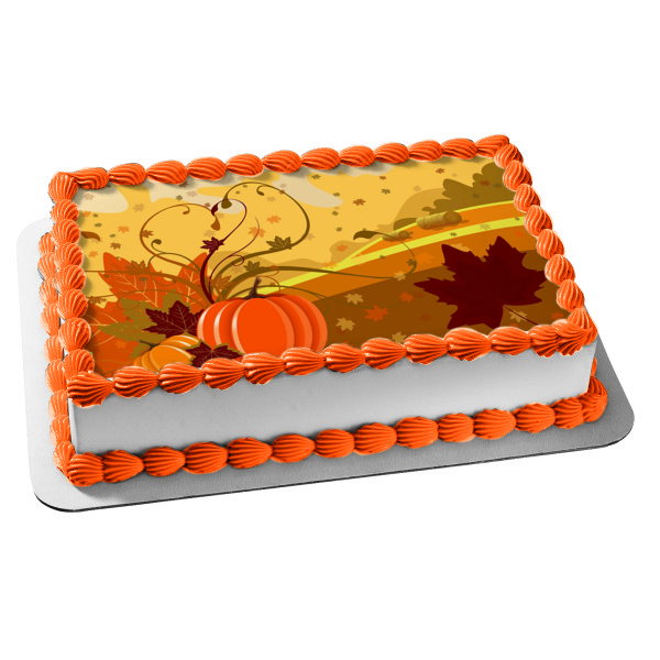 Fall Harvest Scene Pumpkins Leaves Falling and Hay Bales Edible