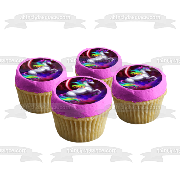 White Unicorn Rainbow Hair Space Background Ringed Planet Edible Cake Topper Image ABPID09067