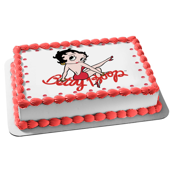 Betty Boop Red Dress Hoop Earrings Black Hair Dot Border Edible Cake Topper Image ABPID09262 Betty Boop Red Dress Hoop Earrings Black Hair Dot Border Edible Cake Topper Image ABPID09262