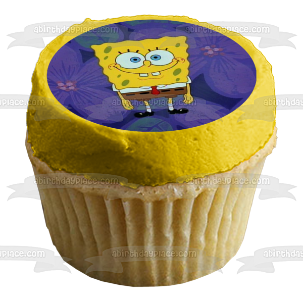 SpongeBob SquarePants Purple Flowers Background Edible Cake Topper Image ABPID11678