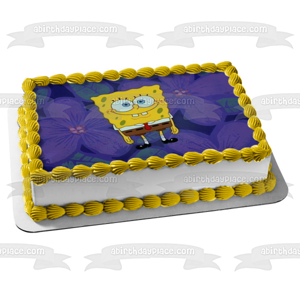 SpongeBob SquarePants Purple Flowers Background Edible Cake Topper Image ABPID11678