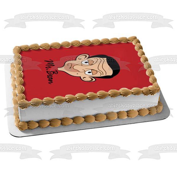 Imagen de decoración comestible para tarta con fondo rojo de la cara de dibujos animados de Mr. Bean ABPID12975