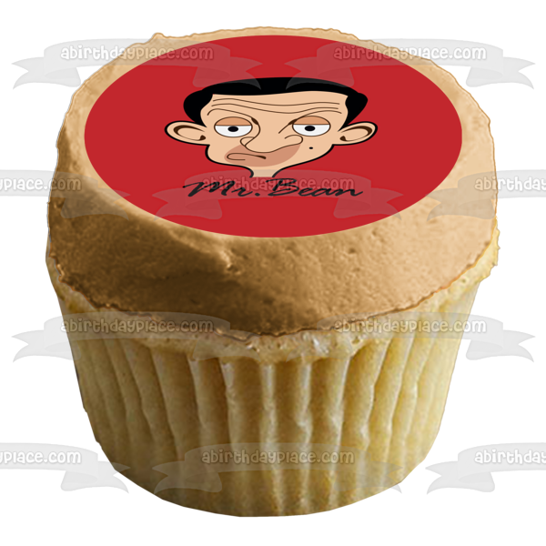 Imagen de decoración comestible para tarta con fondo rojo de la cara de dibujos animados de Mr. Bean ABPID12975