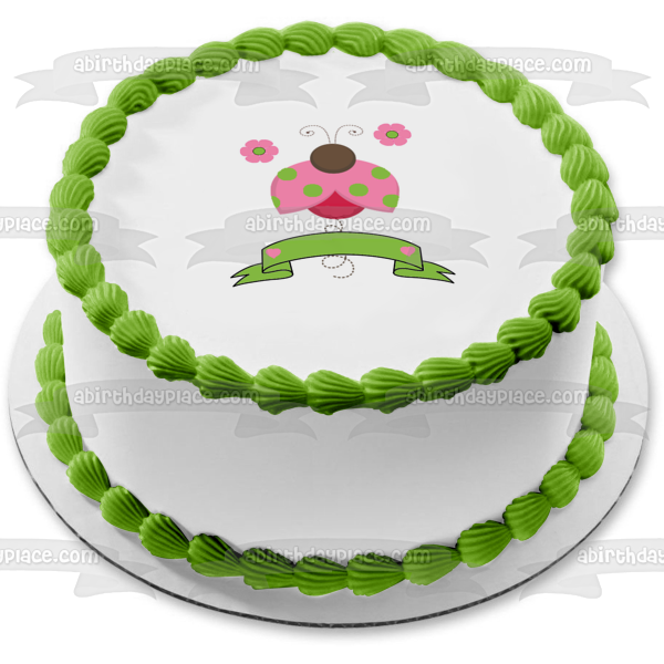 Imagen comestible para tarta con diseño de mariquita rosa, mariquita, mariquita, seis manchas verdes, ABPID13015