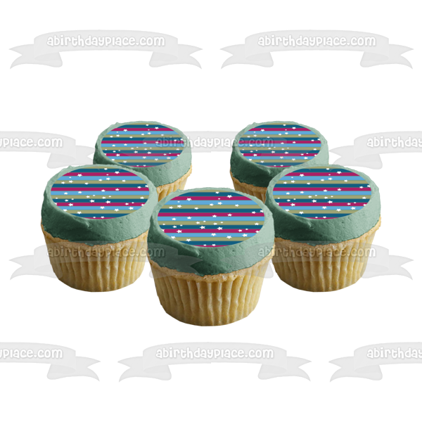 Blue Purple Grey Striped Pattern White Stars Edible Cake Topper Image ABPID13248