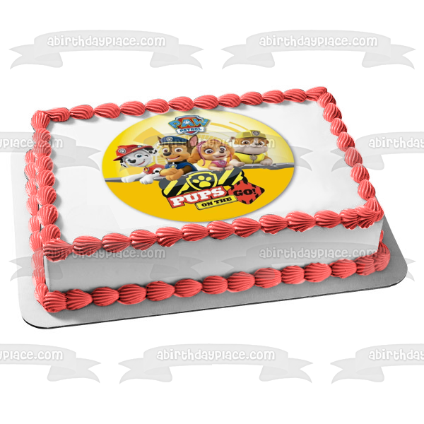Paw Patrol Pups on the Go Marshall Skye Rocky Chase Fondo amarillo Imagen comestible para decoración de tarta ABPID21793