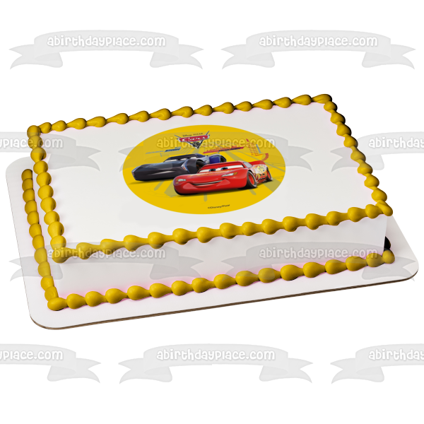 Cars 3 Lightening McQueen Jackson Storm Yellow Background Edible Cake Topper Image ABPID21808