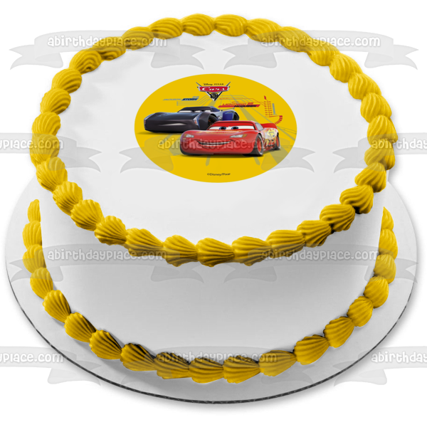 Cars 3 Lightening McQueen Jackson Storm Yellow Background Edible Cake Topper Image ABPID21808