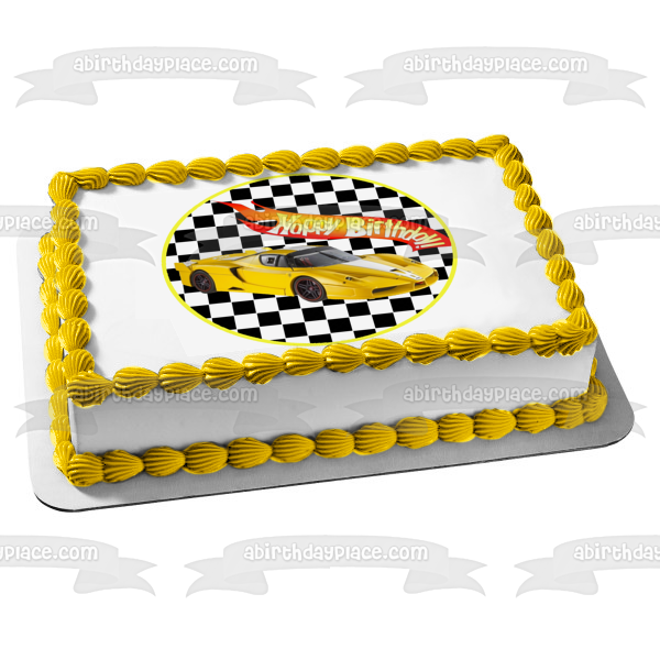 Mattel Hot Wheels Happy Birthday Yellow Race Car Edible Cake Topper Im