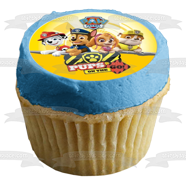 Paw Patrol Pups on the Go Marshall Skye Rocky Chase Fondo amarillo Imagen comestible para decoración de tarta ABPID21793