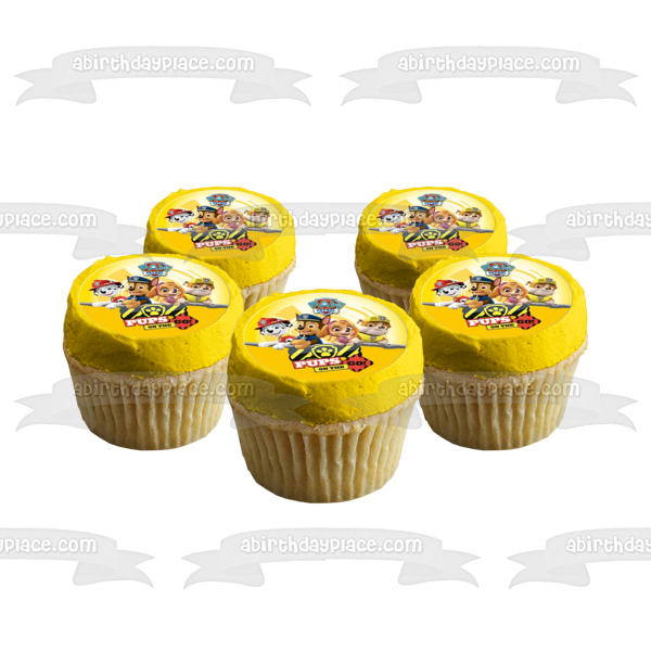 Paw Patrol Pups on the Go Marshall Skye Rocky Chase Fondo amarillo Imagen comestible para decoración de tarta ABPID21793