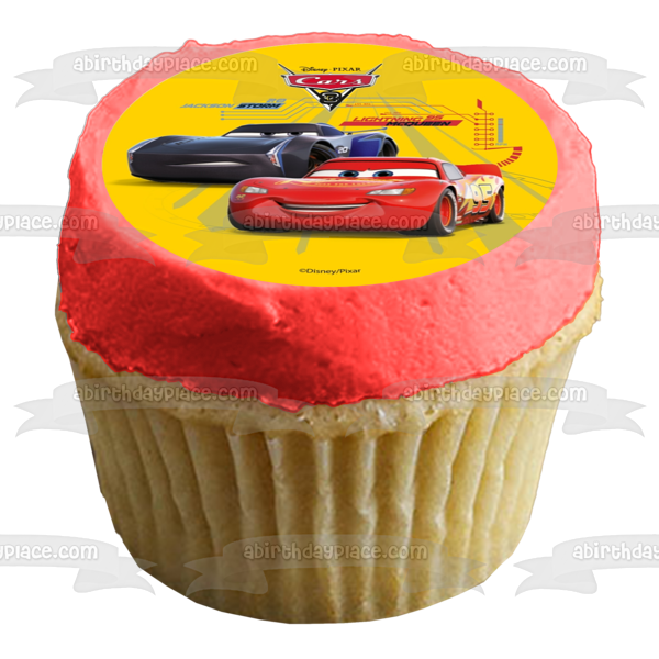 Cars 3 Lightening McQueen Jackson Storm Yellow Background Edible Cake Topper Image ABPID21808