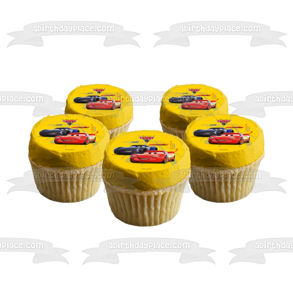 Cars 3 Lightening McQueen Jackson Storm Yellow Background Edible Cake Topper Image ABPID21808