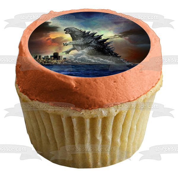 Godzilla de pie sobre los edificios de la ciudad, cielo oscuro, lago, decoración comestible para tarta, imagen ABPID27301