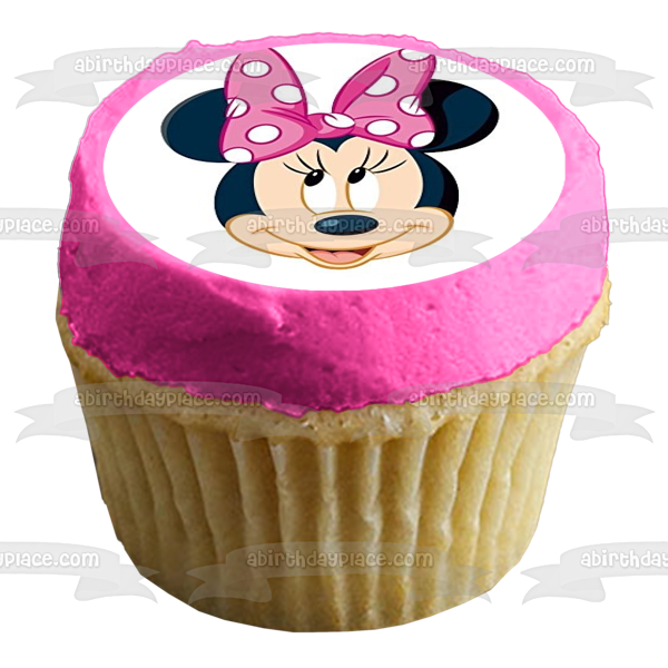 Minnie Mouse Face Pink Bow Edible Cake Topper Image ABPID50419
