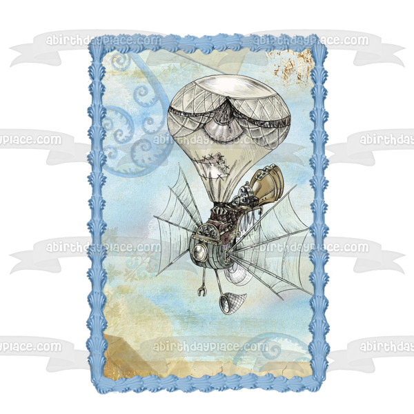 Steampunk Airtravel Gears Whimsical Blue Tan Whimsical Edible Cake Topper Image ABPID50744