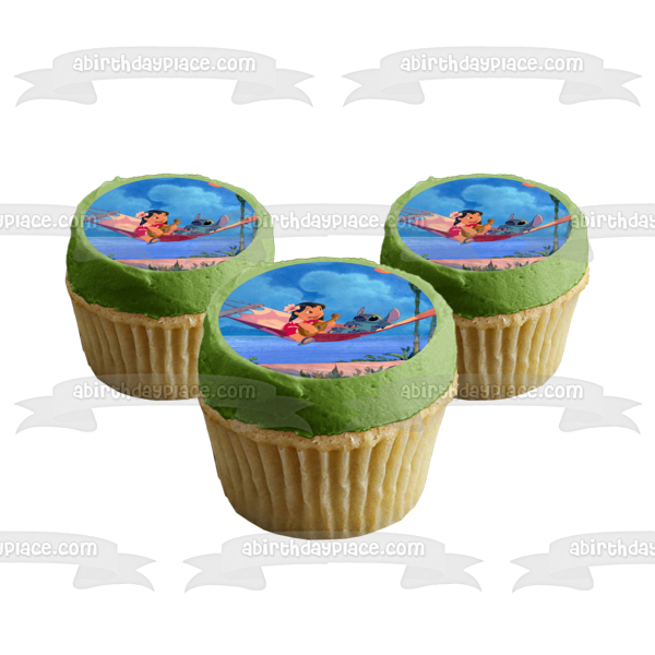Adorno comestible para tarta de Disney con hamaca de playa de Lilo y Stitch, imagen ABPID52205