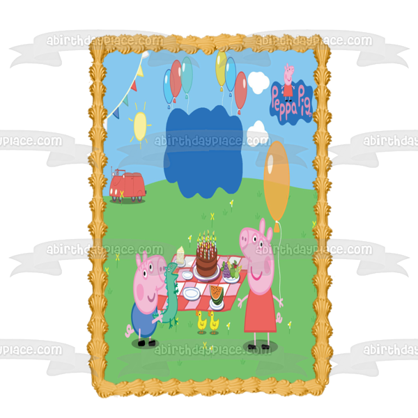 Peppa Pig George fiesta de cumpleaños pastel y globos marco de imagen comestible para decoración de pastel ABPID00643