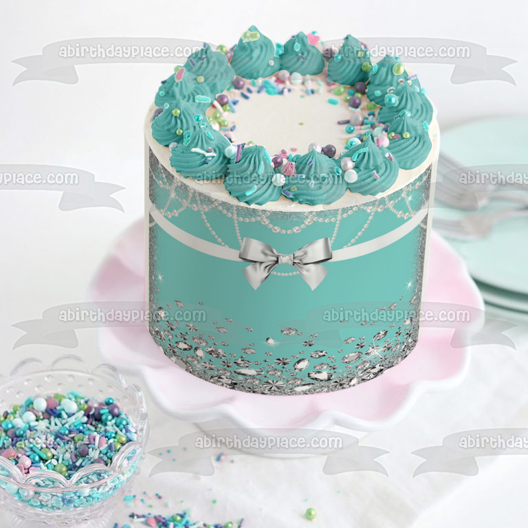 Celebration Silver Bow Pearls Diamonds Blue Background Edible Cake Topper Image ABPID01206