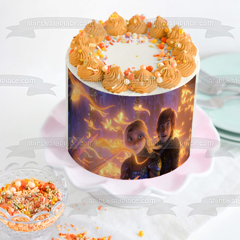 Cómo entrenar a tu dragón Hipo Astrid y dragones brillantes Imagen comestible para decoración de tarta ABPID01216
