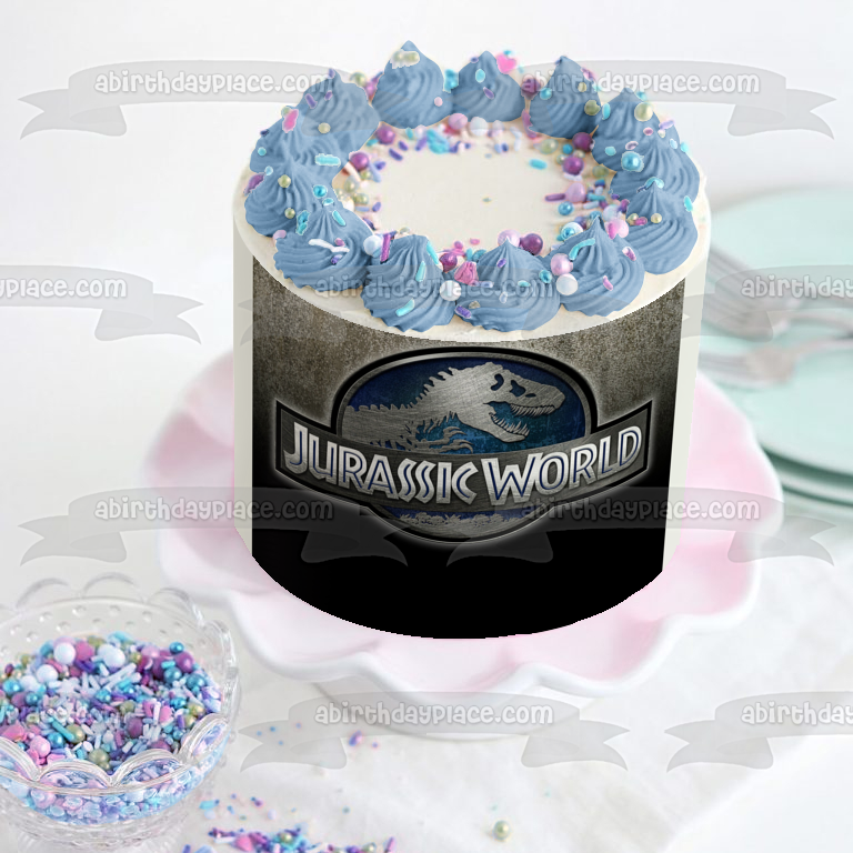 Jurassic World Logo Silver and Tyrannosaurus Rex Edible Cake Topper Image ABPID01273