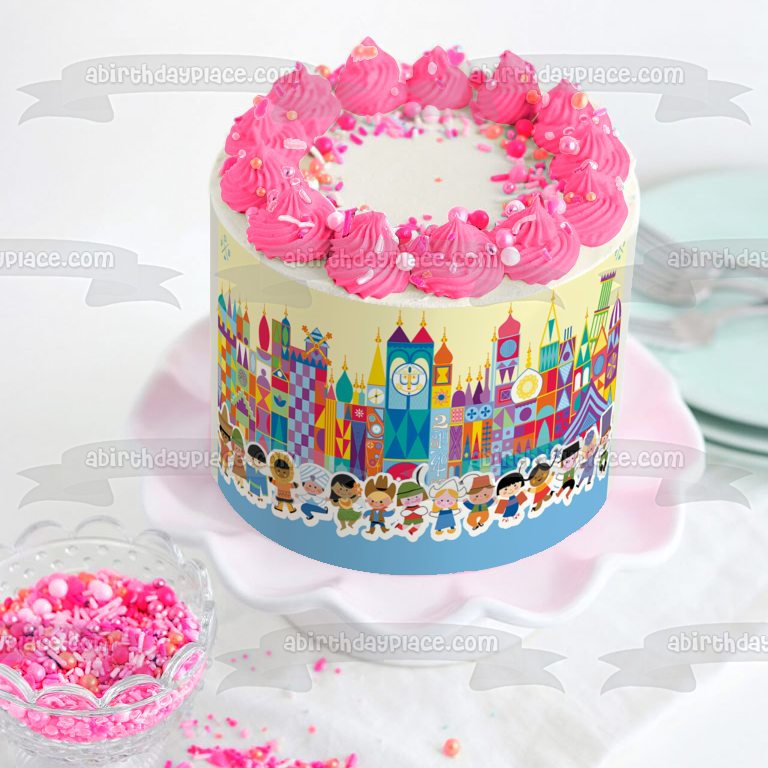 It's a Small World Party Cartoon Buildings Edible Cake Topper Image ABPID01382