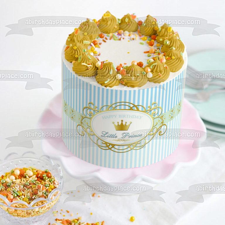 Happy Birthday Little Prince Gold Crown Blue and White Striped Background Edible Cake Topper Image ABPID01393