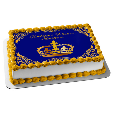 "Welcome Prince" text with Gold Crown vine frame Baby Shower Cake Edible Cake Topper Image ABPID54647