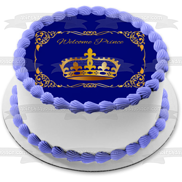 "Welcome Prince" Gold Crown Baby Shower Cake Edible Cake Topper Image ABPID54647