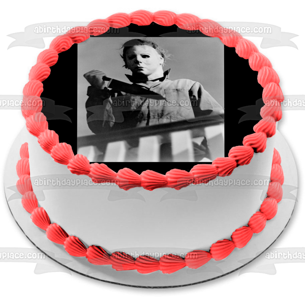 Halloween Michael Myers with a Knife Black and White Photo Edible Cake Topper Image ABPID54951