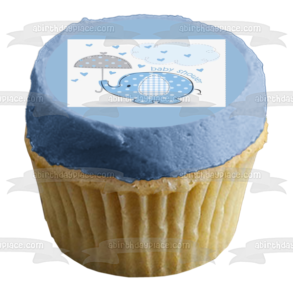 Little Blue Elephant with Umbrella Boy Baby Shower Edible Cake Topper Image ABPID00037