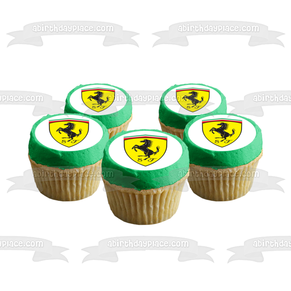 Logotipo de Ferrari, caballo rampante negro, fondo amarillo, decoración comestible para tarta, imagen ABPID00221
